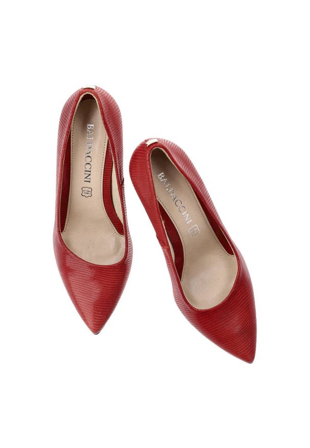 Czerwone Szpilki Baldaccini Eleganckie Skórzane Buty. Zapięcie: bez zapięcia. Kolor: czerwony. Materiał: skóra. Szerokość cholewki: normalna. Wzór: aplikacja. Obcas: na szpilce. Styl: elegancki
