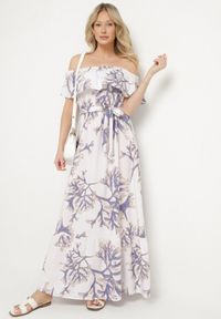 Born2be - Niebiesko-Biała Sukienka Hiszpanka o Rozkloszowanym Kroju z Wiązanym Paskiem Sesiniela. Okazja: na co dzień. Typ kołnierza: dekolt hiszpanka. Kolor: niebieski. Typ sukienki: rozkloszowane. Styl: casual, elegancki #5