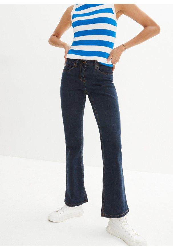 bonprix - Dżinsy ze stretchem o kroju bootcut i wysokim stanem. Stan: podwyższony. Kolor: niebieski. Styl: klasyczny