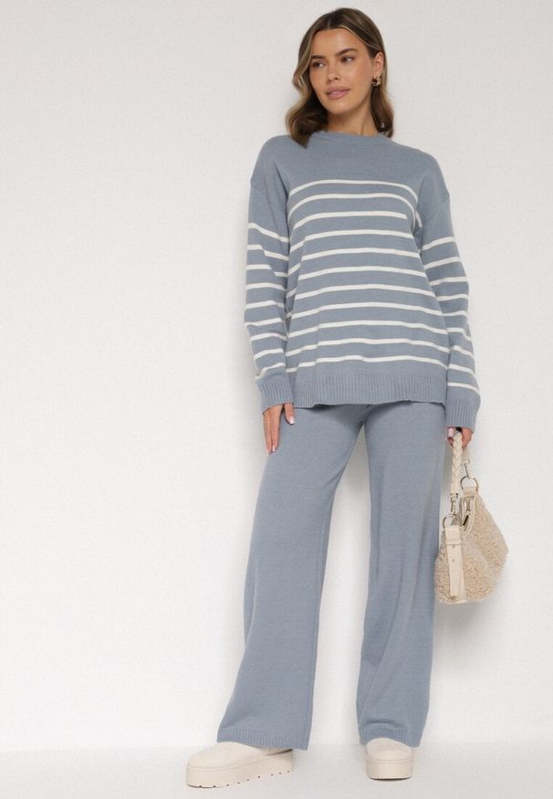 Born2be - Niebieski Komplet z Wełną i Bawełną Sweter w Paski i Szerokie Spodnie Neveena. Kolor: niebieski. Materiał: wełna, bawełna. Wzór: paski