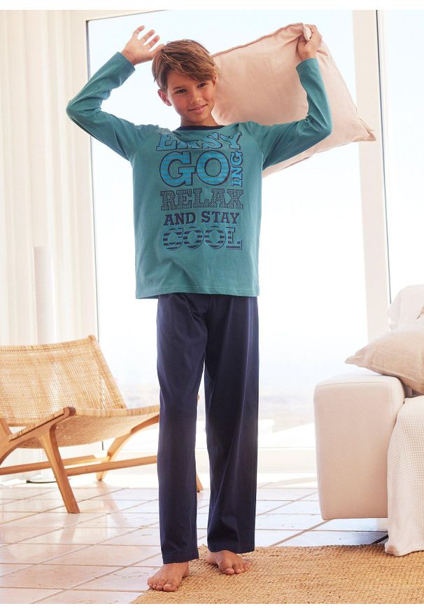 bonprix - Bawełniana piżama (2 części). Kolor: niebieski. Materiał: bawełna. Wzór: nadruk