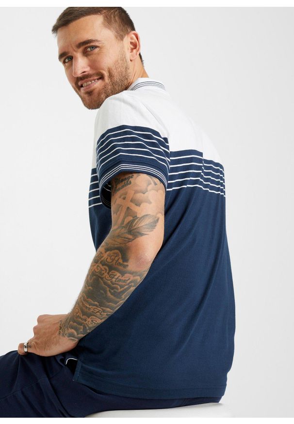 bonprix - Shirt polo z dżerseju z czystej bawełny. Typ kołnierza: polo. Kolor: biały. Materiał: jersey, bawełna. Wzór: paski