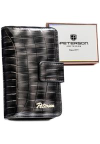 Szary portfel damski ze skóry ekologicznej z tłoczeniem na wzór skóry krokodyla, zamykany na zatrzask i suwak - Peterson. Kolor: szary. Materiał: skóra ekologiczna #1