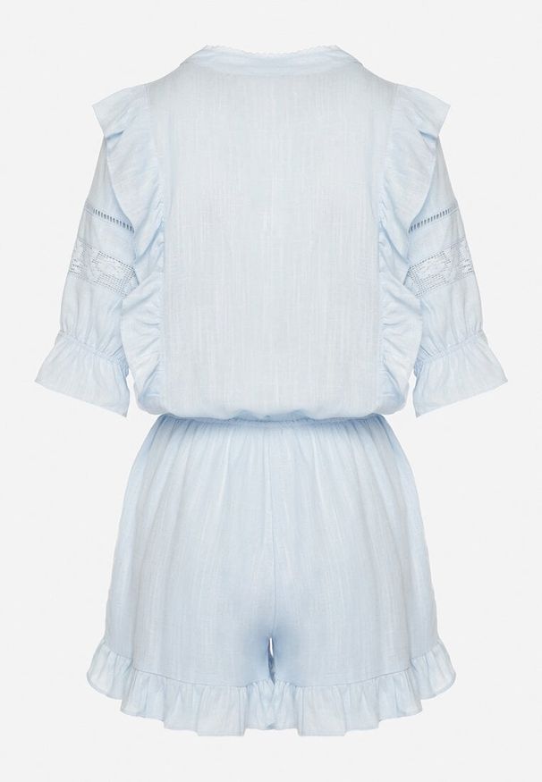 Born2be - Jasnoniebieski Kombinezon z Lnu i Wiskozy w Stylu Boho z Falbankami i Koronką Linalisse. Okazja: na co dzień. Kolor: niebieski. Materiał: koronka, len, wiskoza. Wzór: koronka. Styl: boho