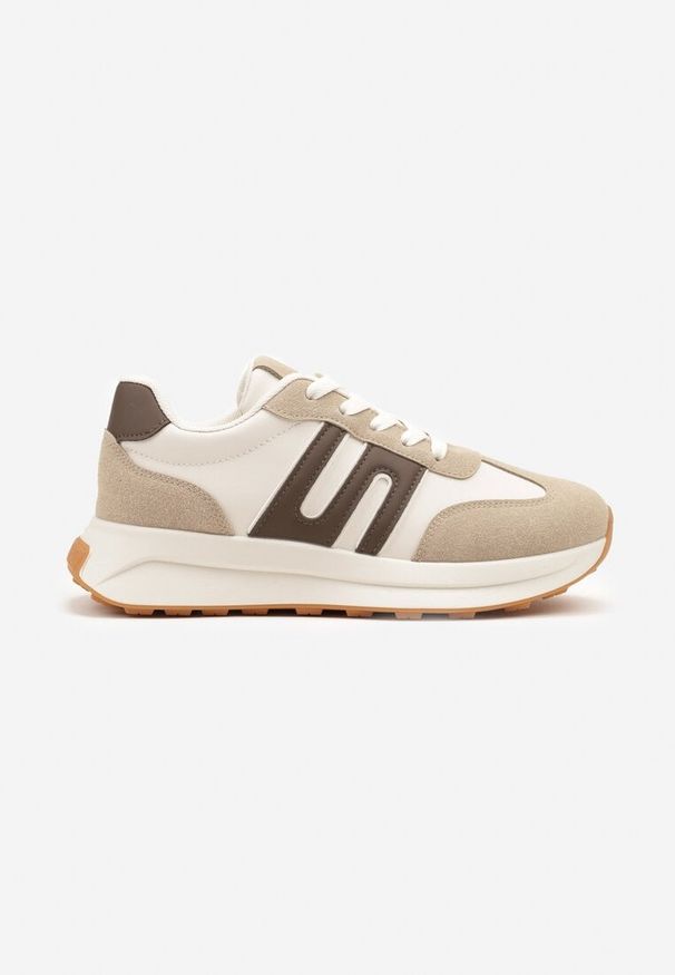 Born2be - Ciemnobeżowe Sneakersy z Geometrycznym Zdobieniem Avislia. Okazja: na co dzień. Kolor: beżowy. Materiał: jeans. Wzór: aplikacja, geometria