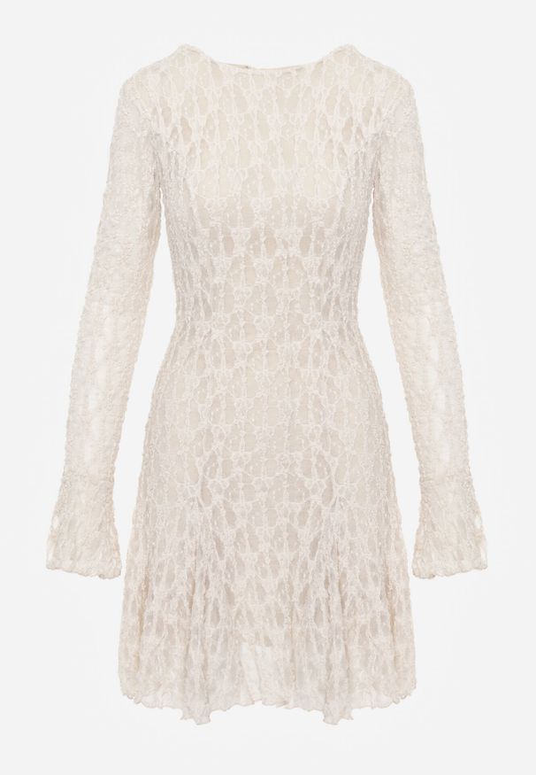 Born2be - Beżowa Sukienka Koronkowa z Rozkloszowanymi Rękawami Cinatea. Okazja: na co dzień. Typ kołnierza: kokarda. Kolor: beżowy. Materiał: koronka. Typ sukienki: proste. Styl: casual