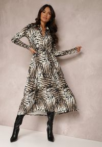 Renee - Beżowo-Czarna Sukienka Rozkloszowana w Tygrysie Paski Chipha. Kolor: beżowy. Materiał: dzianina. Wzór: paski #2