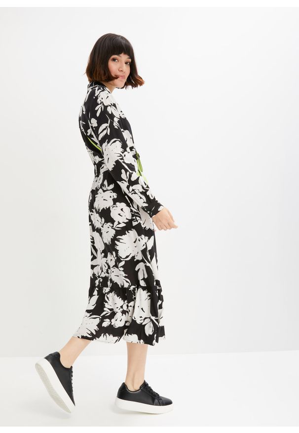 bonprix - Długa sukienka ze zrównoważonej wiskozy. Kolor: czarny. Materiał: wiskoza. Wzór: nadruk, aplikacja, kwiaty. Długość: maxi