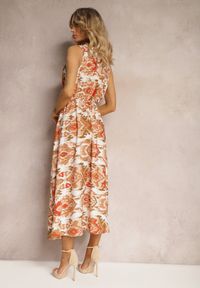 Renee - Beżowa Rozkloszowana Sukienka z Ozdobnymi Naszyciami na Dekolcie w Abstrakcyjni Print Flubia. Okazja: na imprezę. Kolor: beżowy. Materiał: skóra. Wzór: aplikacja, nadruk. Styl: elegancki #4