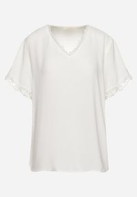 Born2be - Biały T-shirt z Krótkim Rękawem z Trójkątnym Dekoltem i Koronką Vatria. Kolor: biały. Materiał: koronka. Długość rękawa: krótki rękaw. Długość: krótkie. Wzór: koronka. Sezon: wiosna, lato