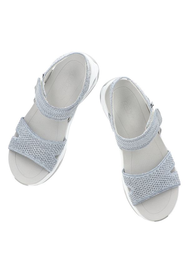 Sandały damskie Rieker, na grubej platformie materiałowe na rzepy sportowe, niebieskie, W3152-10. Okazja: na co dzień, na spacer. Zapięcie: rzepy. Kolor: niebieski. Materiał: materiał. Sezon: lato. Obcas: na platformie. Styl: sportowy