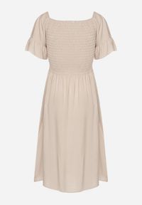 Born2be - Jasnobeżowa Rozkloszowana Sukienka Bawełniana z Bufiastymi Rękawami i Elastyczną Górą Veliova. Okazja: na co dzień. Kolor: beżowy. Materiał: bawełna. Styl: casual, elegancki #3