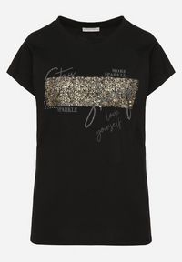 Born2be - Czarny T-shirt z Bawełny Typu Nietoperz z Cyrkoniami i Perełkami Linellis. Okazja: na co dzień. Kolor: czarny. Materiał: bawełna. Wzór: aplikacja. Styl: casual #5