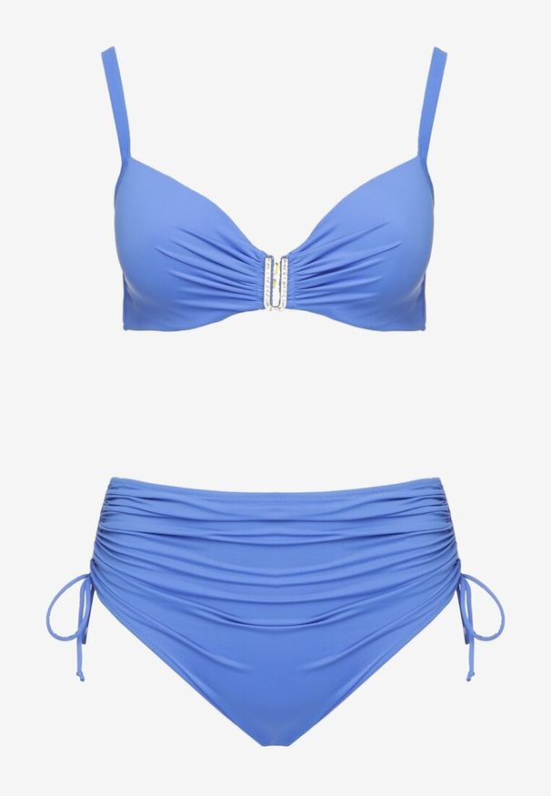 Born2be - Niebieskie Bikini Biustonosz z Marszczeniem i Majtki Figi ze Ściągaczami Kinevia. Kolekcja: plus size. Kolor: niebieski