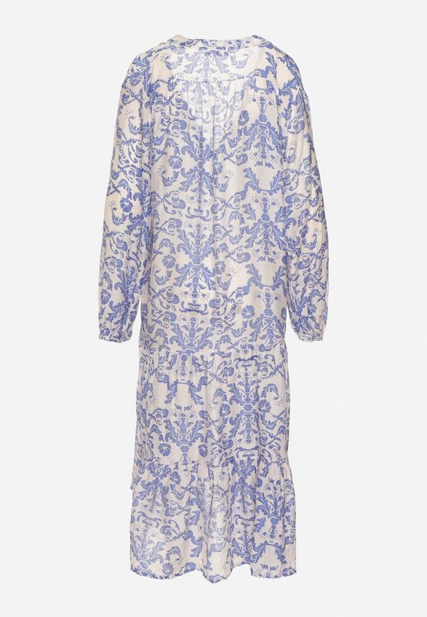 Born2be - Niebiesko-Biała Sukienka z Dekoltem w Serek i Falbanką Novian. Okazja: na co dzień. Typ kołnierza: dekolt w serek. Kolor: niebieski. Materiał: zamsz, skóra. Długość rękawa: długi rękaw. Styl: boho, casual, klasyczny