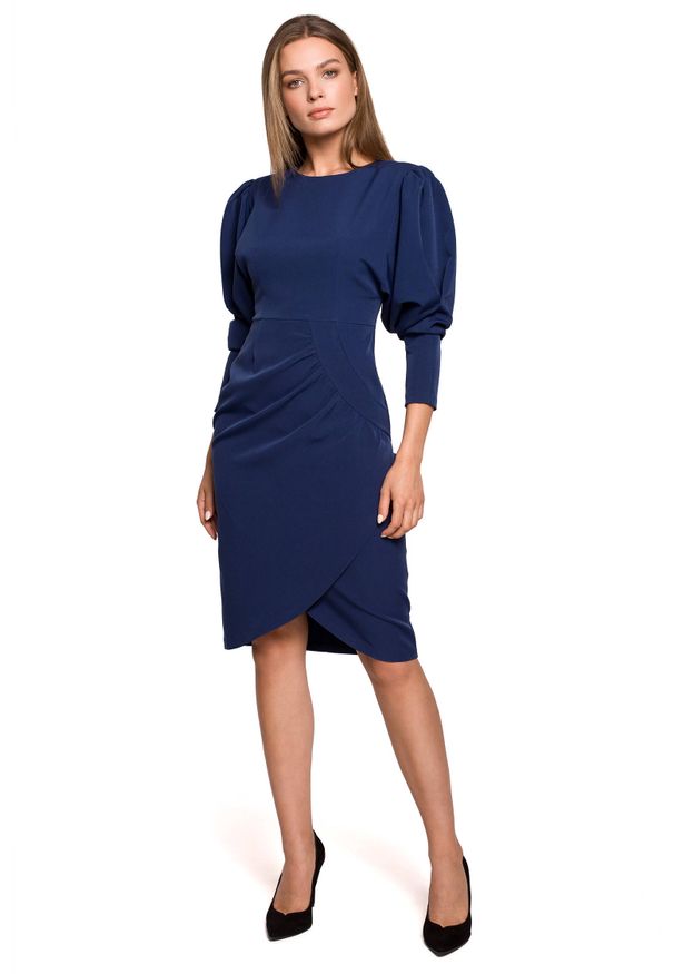 Style - Elegancka ołówkowa sukienka z bufiastymi rękawami. Materiał: elastan. Wzór: gładki. Typ sukienki: ołówkowe. Styl: elegancki