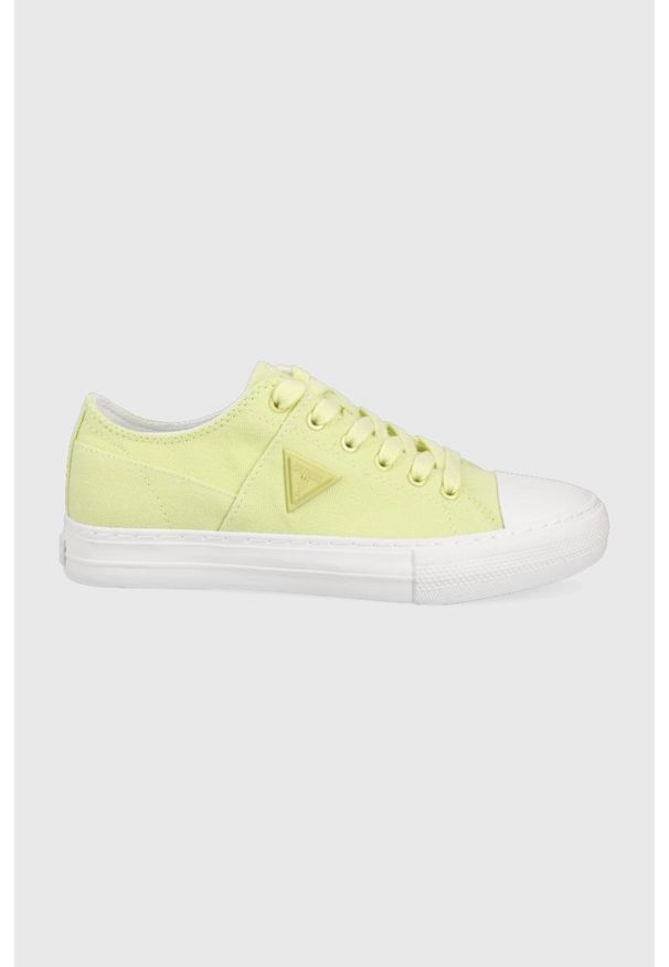 Guess tenisówki PRANZE damskie kolor żółty. Nosek buta: okrągły. Zapięcie: sznurówki. Kolor: żółty. Materiał: guma