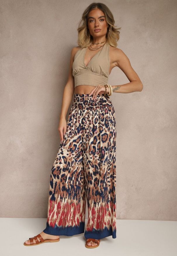Renee - Czerwono-Granatowe Szerokie Spodnie z Wiskozy High Waist Ellirelle. Okazja: na co dzień. Stan: podwyższony. Kolor: czerwony. Materiał: wiskoza. Styl: casual, elegancki
