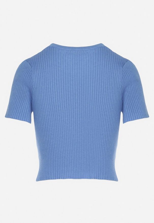 Born2be - Niebieski Krótki T-shirt z Prążkowanej Dzianiny Clutia. Kolor: niebieski. Materiał: dzianina, prążkowany. Długość: krótkie