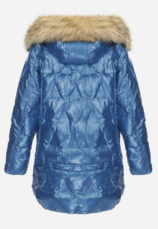 Born2be - Niebieska Kurtka Metaliczna z Futrzanym Kapturem Amolika. Okazja: na co dzień. Kolor: niebieski. Materiał: futro. Sezon: zima, jesień. Styl: casual