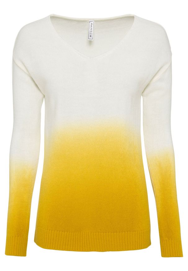 Sweter w cieniowanym kolorze bonprix biel wełny - żółty curry. Typ kołnierza: dekolt w serek. Kolor: biały. Materiał: materiał, akryl