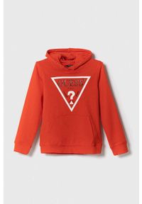 Guess bluza bawełniana dziecięca kolor czerwony z kapturem z nadrukiem. Typ kołnierza: kaptur. Kolor: czerwony. Materiał: bawełna. Wzór: nadruk #1