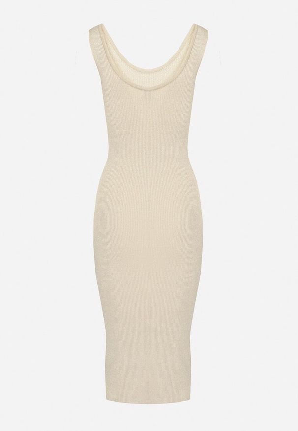 Born2be - Beżowa Sukienka o Dopasowanym Kroju z Metaliczną Nitką Neravelle. Okazja: na co dzień. Kolor: beżowy. Wzór: aplikacja. Styl: elegancki, casual, wizytowy