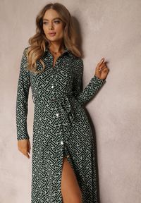 Renee - Zielona Koszulowa Sukienka Maxi z Rozszerzanym Dołem i Paskiem Marylise. Kolor: zielony. Materiał: wiskoza, materiał, tkanina. Długość rękawa: długi rękaw. Typ sukienki: koszulowe. Długość: maxi #3