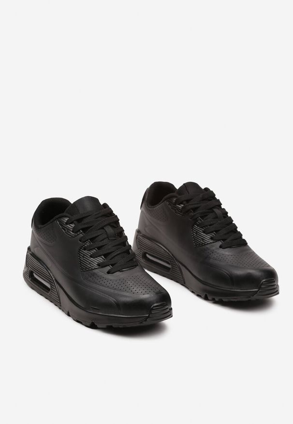 Renee - Czarne Casualowe Sneakersy na Płaskiej Podeszwie Ozdobione Perforacją i Transparentną Wstawką Dunelia. Okazja: na co dzień. Nosek buta: okrągły. Zapięcie: sznurówki. Kolor: czarny. Wzór: aplikacja. Materiał: materiał, jeans. Obcas: na płaskiej podeszwie. Wysokość obcasa: niski. Sport: fitness