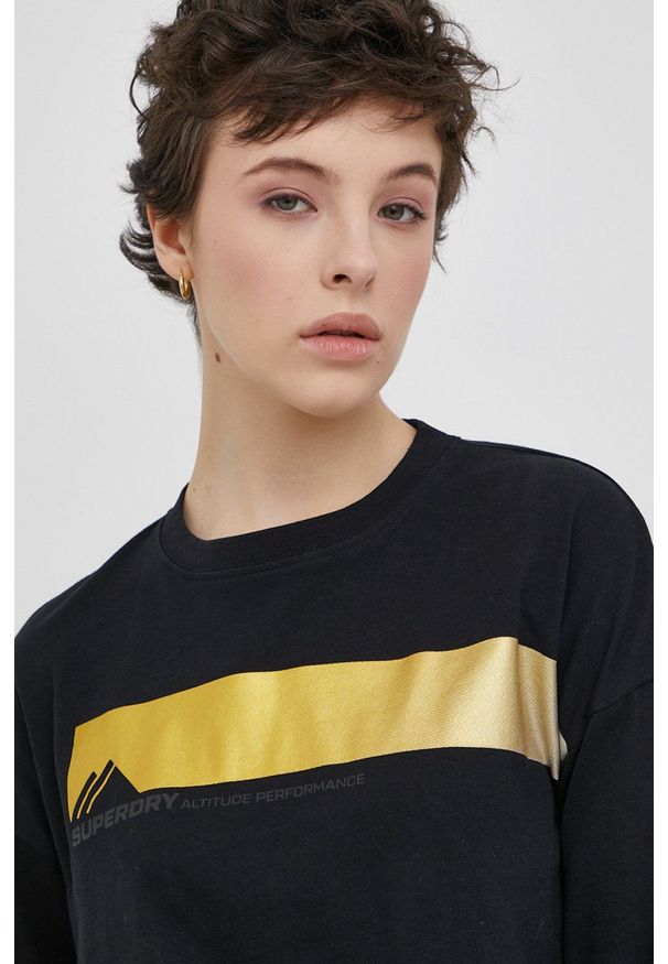 Superdry Longsleeve bawełniany kolor czarny. Kolor: czarny. Materiał: bawełna. Długość rękawa: długi rękaw. Wzór: nadruk