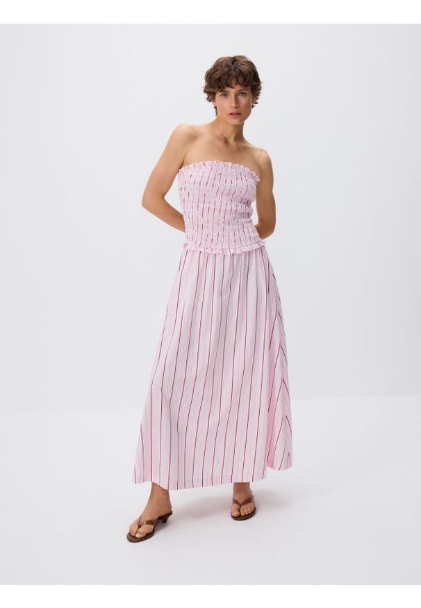 Reserved - Sukienka maxi w paski - pastelowy róż. Kolor: różowy. Materiał: bawełna. Wzór: paski. Długość: maxi
