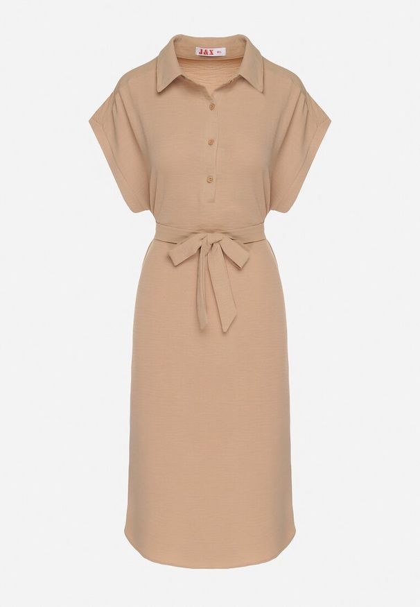 Born2be - Jasnobrązowa Sukienka z Bawełną i Ozdobnym Paskiem Savanire. Okazja: na co dzień. Kolor: brązowy. Materiał: bawełna. Typ sukienki: koszulowe. Styl: elegancki, klasyczny, casual