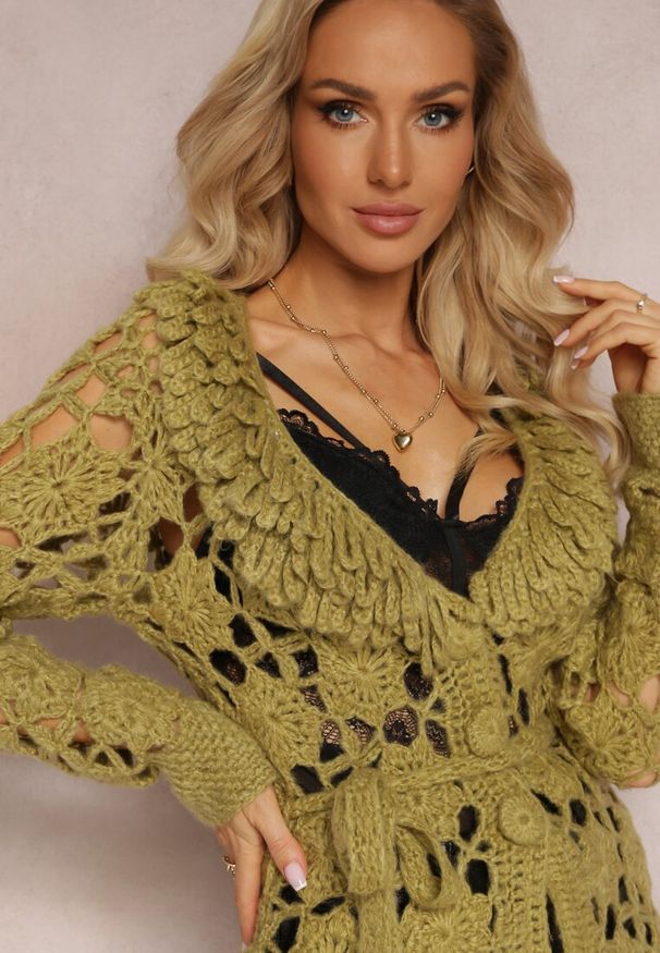 Renee - Zielony Ażurowy Kardigan z Wiązanym Paskiem Petrame. Okazja: na co dzień. Kolor: zielony. Wzór: ażurowy. Styl: casual, elegancki
