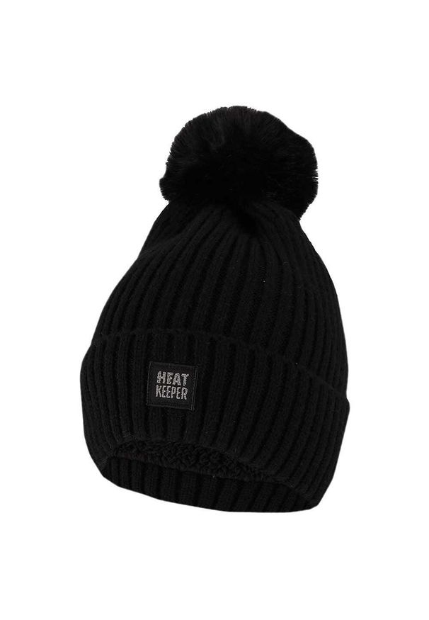HEAT KEEPER - Czapka termiczna damska + pompon Jeden rozmiar - 2 sztuki. Kolor: czarny. Materiał: poliester, elastan. Sezon: zima. Styl: sportowy
