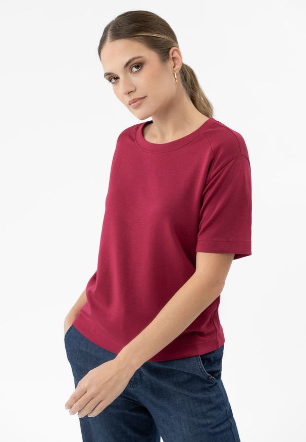 Volcano - Różowa bluzka z modalem TM-ELI. Kolor: różowy. Materiał: poliester, elastan, skóra, materiał. Długość rękawa: krótki rękaw. Długość: krótkie. Wzór: gładki, kolorowy. Sezon: zima, wiosna, jesień, lato