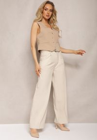 Renee - Beżowe Spodnie Szerokie High Waist Zapinane na Klamrę z Materiałowym Paskiem Etela. Okazja: na co dzień. Stan: podwyższony. Kolor: beżowy. Materiał: materiał. Styl: casual, elegancki