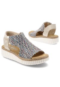 Sandały damskie Rieker, cholewka z materiału tekstylnego wsuwany fason na platformie, kolorowe, 69284-90. Materiał: materiał. Wzór: kolorowy. Obcas: na platformie #6