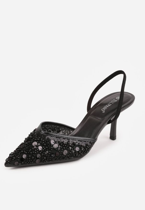 Renee - Czarne Szpilki Slingback Ozdobione Cekinami Vikiraie. Nosek buta: otwarty. Kolor: czarny. Materiał: skóra. Wzór: aplikacja. Obcas: na szpilce. Styl: elegancki