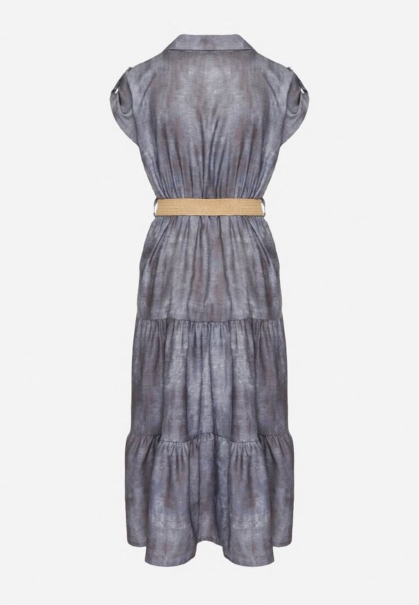Born2be - Niebieska Sukienka Ozdobiona Plecionym Paskiem i Guzikami Filianea. Okazja: na co dzień. Kolor: niebieski. Materiał: jeans. Wzór: aplikacja. Styl: elegancki, casual