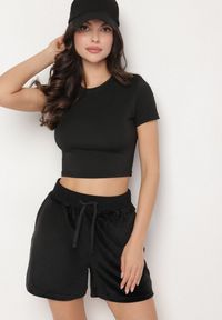 Born2be - Czarne Welurowe Szorty Ozdobione Wiązaniem Ralladia. Okazja: na co dzień, na spacer. Kolor: czarny. Materiał: welur. Wzór: aplikacja. Styl: casual #4