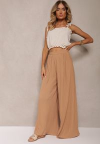 Renee - Beżowe Szerokie Spodnie z Plisami High Waist Mirealli. Stan: podwyższony. Kolor: beżowy
