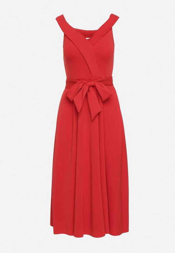 Born2be - Czerwona Elegancka Sukienka o Fasonie Hiszpanki z Materiałowym Paskiem Xaelia. Typ kołnierza: dekolt hiszpanka. Kolor: czerwony. Materiał: materiał. Styl: elegancki