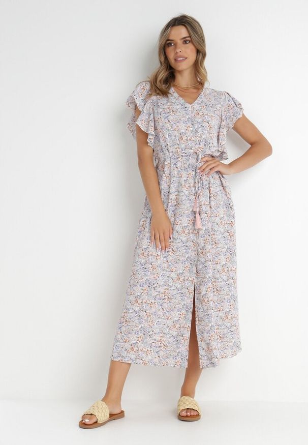 Born2be - Różowo-Jasnoszara Sukienka Lanby. Typ kołnierza: kołnierz z falbankami. Kolor: różowy. Materiał: materiał. Wzór: nadruk, aplikacja, kwiaty. Styl: elegancki. Długość: maxi