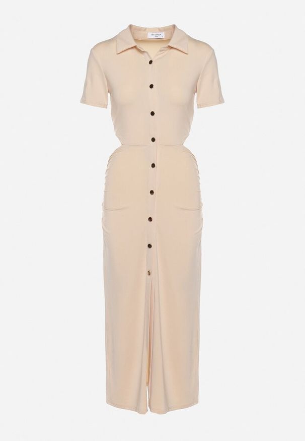 Born2be - Beżowa Sukienka Koszulowa z Wycięciami w Talii i i Marszczeniami Zapinana na Guziki Quvlea. Okazja: na co dzień. Kolor: beżowy. Materiał: jeans, wiskoza. Typ sukienki: koszulowe. Styl: casual