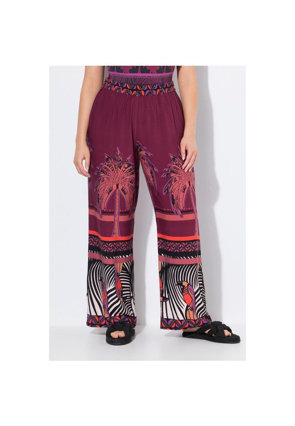 ULLA POPKEN - Damskie Spodnie palazzo palmy szeroka nogawka elastyczny pas. Kolekcja: plus size. Kolor: fioletowy. Materiał: wiskoza, materiał