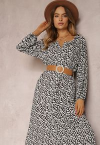 Renee - Biało-Czarna Sukienka Hyrathe. Kolor: czarny. Materiał: tkanina. Wzór: aplikacja, kwiaty, nadruk. Styl: elegancki. Długość: maxi #3
