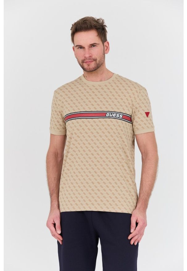 Guess - GUESS Beżowy męski t-shirt Jamey, Rozmiar M. Kolor: beżowy