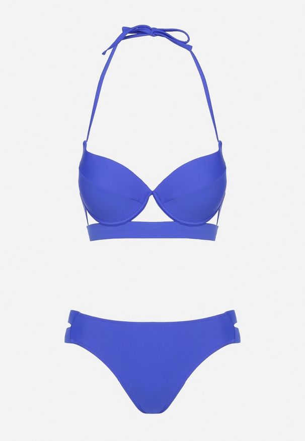Born2be - Niebieskie Bikini Biustonosz i Majtki Typu Figi Ozdobione Wycięciami Kinlira. Kolor: niebieski. Wzór: aplikacja