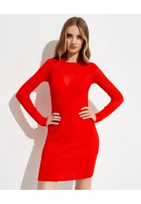 HERVE LEGER - Czerwona sukienka mini. Kolor: czerwony. Materiał: tkanina. Długość rękawa: długi rękaw. Typ sukienki: dopasowane, z odkrytymi ramionami. Długość: mini #1