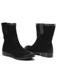 Czarne Botki Dwunasty Shoes Damskie Stylowe Buty. Okazja: na co dzień. Kolor: czarny. Materiał: zamsz, skóra. Szerokość cholewki: normalna. Obcas: na obcasie. Styl: elegancki. Wysokość obcasa: niski #2